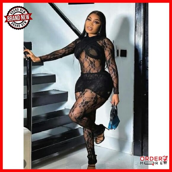 Floral Lace Mesh Long Sleeve Top & Flare Pants Set - 2 Piece Outfit - Picture 4 of 8